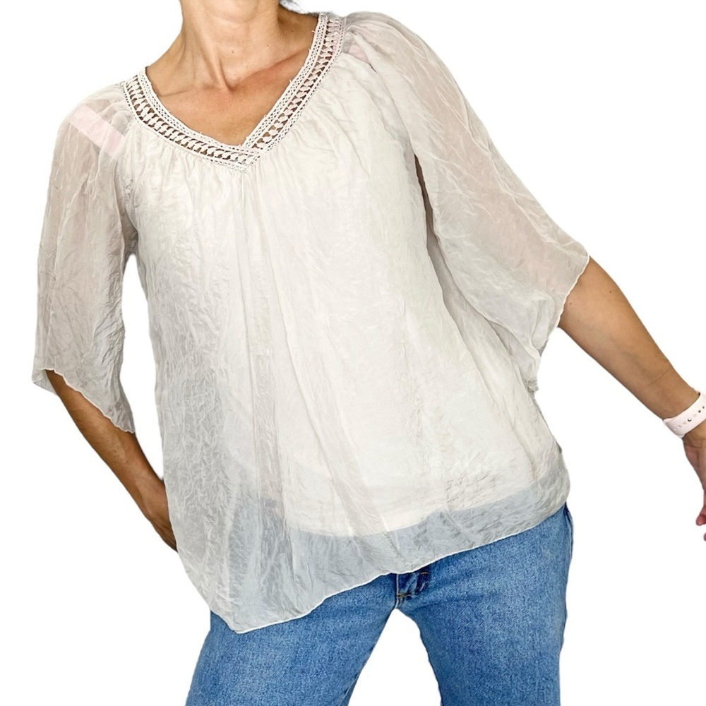 Elena Baldi Italy 100% Italian silk beige 3/4 length flare sleeve top blouse S